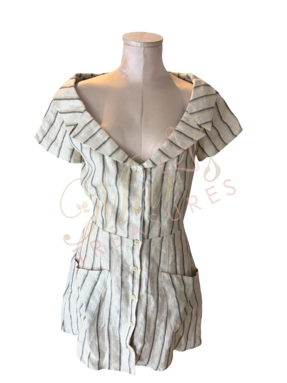 Reformation Cream Striped Button Up Linen Mini Dress Sz 6 - Picture 2 of 10
